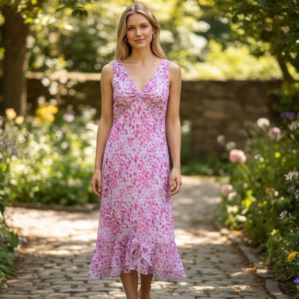 My Michelle Y2k Fairy Whimsi Pink‎ Purple Floral Ruffle Hem Midi Dress 7/8